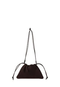 Black suede pouch bag with a triangular shape, cinched at the top with two adjustable drawstrings. Smooth texture and minimal design.