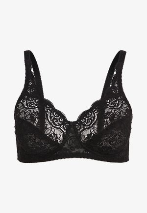 Bralet din dantelă neagră cu margini ondulate, bretele ajustabile și model floral. Textură moale, cupe fără întăritură și închidere cu cârlig la spate.