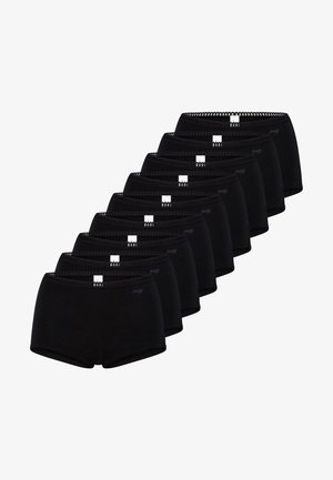 Shorty garçon en coton noir avec bordure en dentelle, présenté en une série de 10 paires identiques. Dispose d'un logo discret à la ceinture.