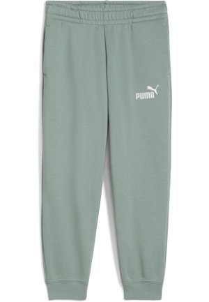 Pantalons de jogging vert clair en tissu doux, dotés d'une taille élastique, de jambes effilées et d'un petit logo Puma blanc sur la cuisse gauche.