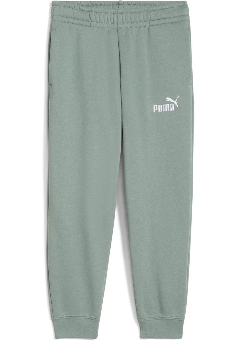 Lichtgroene sweatpants gemaakt van zacht materiaal, met een elastische tailleband, taps toelopende benen en een klein wit Puma-logo op de linkerdij.