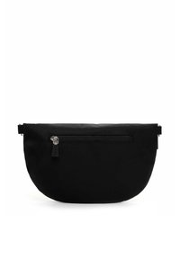 Black fabric pouch bag with a smooth texture, rounded shape, and a zippered compartment on the front. Features minimalistic design.