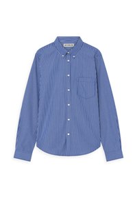 Blauw en witte gestreepte lange mouw shirt met een button-down kraag, een borstzak en knoopmanchetten. De stof lijkt glad en lichtgewicht.