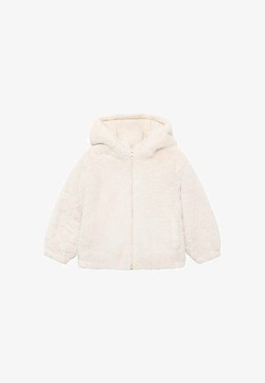 Giacca in eco pelliccia color crema con cappuccio, chiusura con cerniera e texture morbida. Presenta una vestibilità ampia e polsini elasticizzati per il massimo comfort.