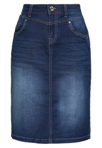 Mörkblå denimkjol med framknapp och fickor, med en blekt tvätt och kontrasterande sömnadsdetaljer.