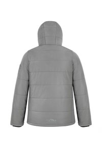 Graue Stepp-Wattierter Jacke mit Kapuze, gesteppter Optik. Verfügt über gerippte Bündchen und einen kleinen Logopatch am linken Ärmel. Glatte Textur.