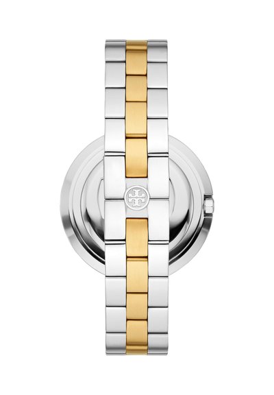 Cinturino per orologio in metallo bicolore argento e oro con fibbia circolare con piccolo logo centrale.