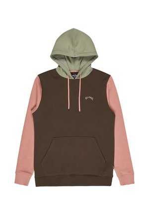 Felpa con cappuccio caratterizzata da un cappuccio khaki, corpo marrone e maniche rosa. Include una tasca frontale e un dettaglio logo discreto. Tessuto morbido.