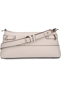 Borsa a mano in pelle beige chiaro con forma piatta, tracolla regolabile e dettagli in metallo dorato. Presenta una chiusura con zip e minimi accenti di cucitura.