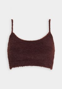 Bralette bordeaux en tissu duveteux avec bretelles fines, texture douce et design sans coutures, présentant une longueur courte et une structure minimaliste.