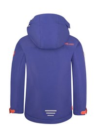 Lila wasserdichte Jacke mit Kapuze, orangefarbenen Akzenten und reflektierenden Details. Verfügt über verstellbare Ärmelbündchen und eine glatte, leichte Textur.