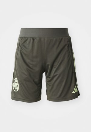 Dark green athletic shorts with an elastic waistband, featuring side pockets and a light green logo on the lower left leg.