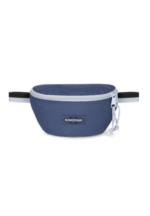 Custodia in tessuto blu navy con chiusura a zip, superficie testurizzata, etichetta tessuta e una tracolla nera. Cerniera liscia con linguetta. Design compatto.