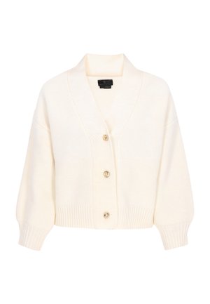 Cardigan lavorato a maglia color avorio con scollatura a V e cinque bottoni dorati. Presenta polsini e orlo a coste, e una vestibilità ampia. Texture morbida e design leggero.