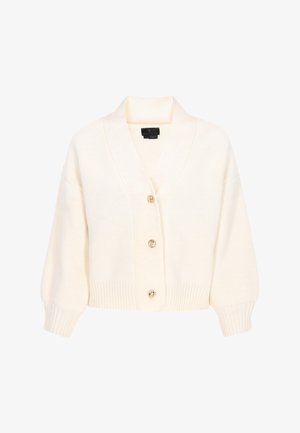 Ivory knit cardigan with a V-neck and five gold buttons. Features ribbed cuffs and hem, and a loose fit. Soft texture and lightweight design.