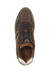 Hnědé síťované a semišové tenisky s zelenými akcenty, černými detaily, kulatou špičkou a tradičními tkaničkami. Vnitřek je vybaven béžovou podšívkou.