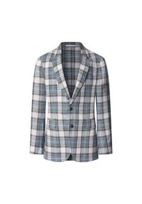 Geruite blazer in wit, blauw, groen en gele tinten; beschikt over ingeknipte revers, twee voorzakken en twee knopen aan de voorkant.