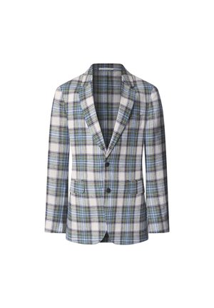Blazer à carreaux dans des teintes blanches, bleues, vertes et jaunes ; doté de revers à cran, de deux poches avant et de deux boutons sur le devant.