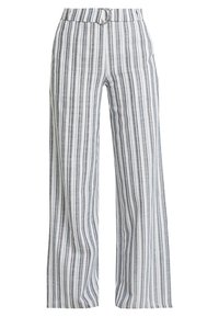 Breda byxor i ett lätt tyg, med vertikala blå och vita ränder, en hög midja med en rund metallspänne.