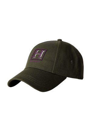 Dunkelgrüne Baseballkappe mit gebogenem Schirm, lila umrandetem "H"-Logo und "HACKETT" Schriftzug auf dem Frontpanel.