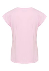 Blouse rose à manches courtes avec un col rond, texture lisse, coupe décontractée et coutures discrètes le long des bords.
