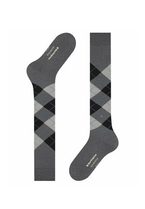 Coppia di calzini grigi al ginocchio con motivo a rombi argyle nero, grigio chiaro e blu e testo bianco con marchio nell'area del piede.