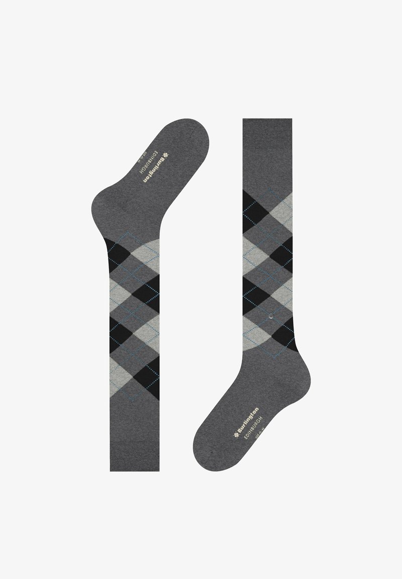 Paar grauer knielanger Socken mit schwarzem, hellgrauem und blauem Argyle-Rautenmuster sowie weißem Markenlogo im Fußbereich.