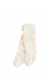 Witte katoenen kniekousen met een zachte textuur en geribbelde ontwerp, met een ronde teen en zonder zichtbare patronen of accenten.