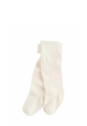 Valkoiset puuvillasta valmistetut polvisukat, joissa on sileä pinta ja ribattua muotoilua, varustettu pyöristetyllä kärjellä ilman näkyviä kuvioita tai koristuksia.
