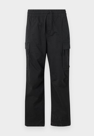 Black cargo pants made of lightweight fabric, featuring an elastic waistband, drawstring, and two side cargo pockets.