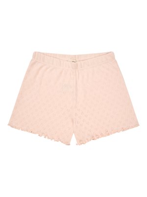 Shorts en tricot rose clair avec un petit motif ajouré, taille élastique et bords d'ourlet festonnés.