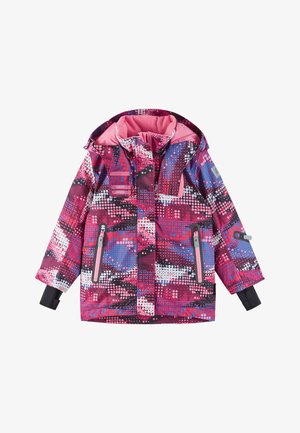 Veste d'hiver multicolore avec un motif pixélisé rose, bleu et noir. Elle est équipée d'une capuche, de zips et de manches avec des accents en doublure douce.