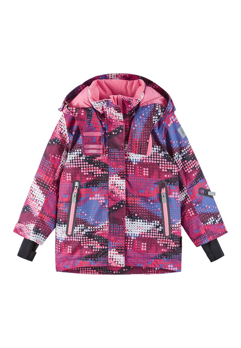 Chaqueta de invierno multicolor con un patrón pixelado en rosa, azul y negro. Tiene una capucha, cremalleras y puños con acentos de forro suave.