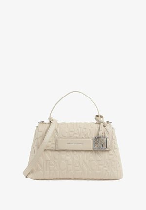 Borsa a tracolla in finta pelle beige con logo impresso, forma rettangolare, manico superiore, tracolla regolabile e dettagli in metallo argentato.