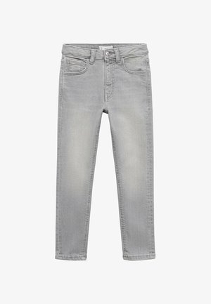 Jeans de denim gris con un corte ajustado, diseño de cinco bolsillos, cierre de cremallera y botón. Presenta un lavado descolorido y ligeros detalles de desgaste.