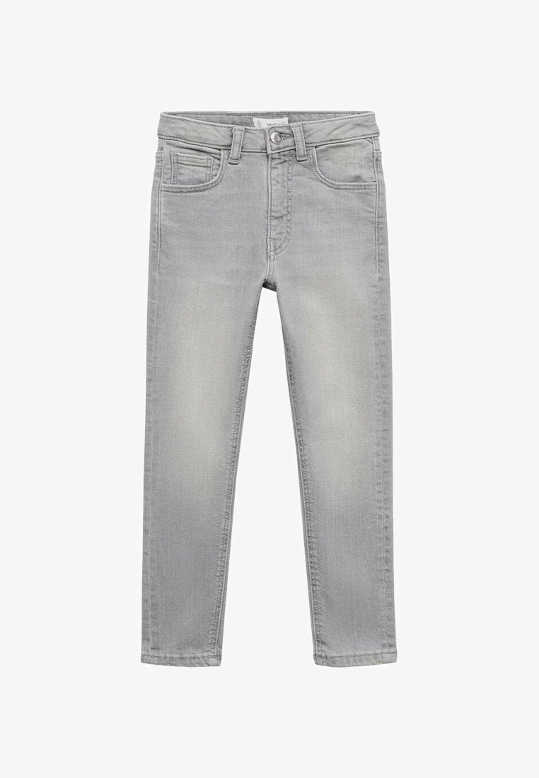 Šedé džínové kalhoty se slim fit střihem, pětikačkovým designem, zipem a knoflíkovým zapínáním. Mají vybledlý vzhled a drobné efektové detaily.