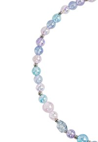 Collana di perline multicolore con perle di vetro rotonde e sfaccettate nelle tonalità di blu, viola e rosa, con accenti color argento.