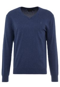 Pull col en V bleu marine en tissu doux, avec manches longues et poignets côtelés. Un petit logo brodé est bien visible sur la poitrine.