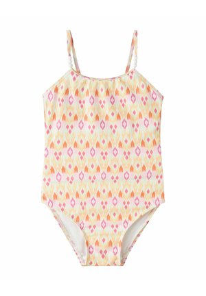 Meiteņu vienspiedzienu peldkostīms ar plānām lencītēm un rozā, oranžu un dzeltenu ģeometrisku rakstu, ar baltām pērlītēm uz lencītēm.