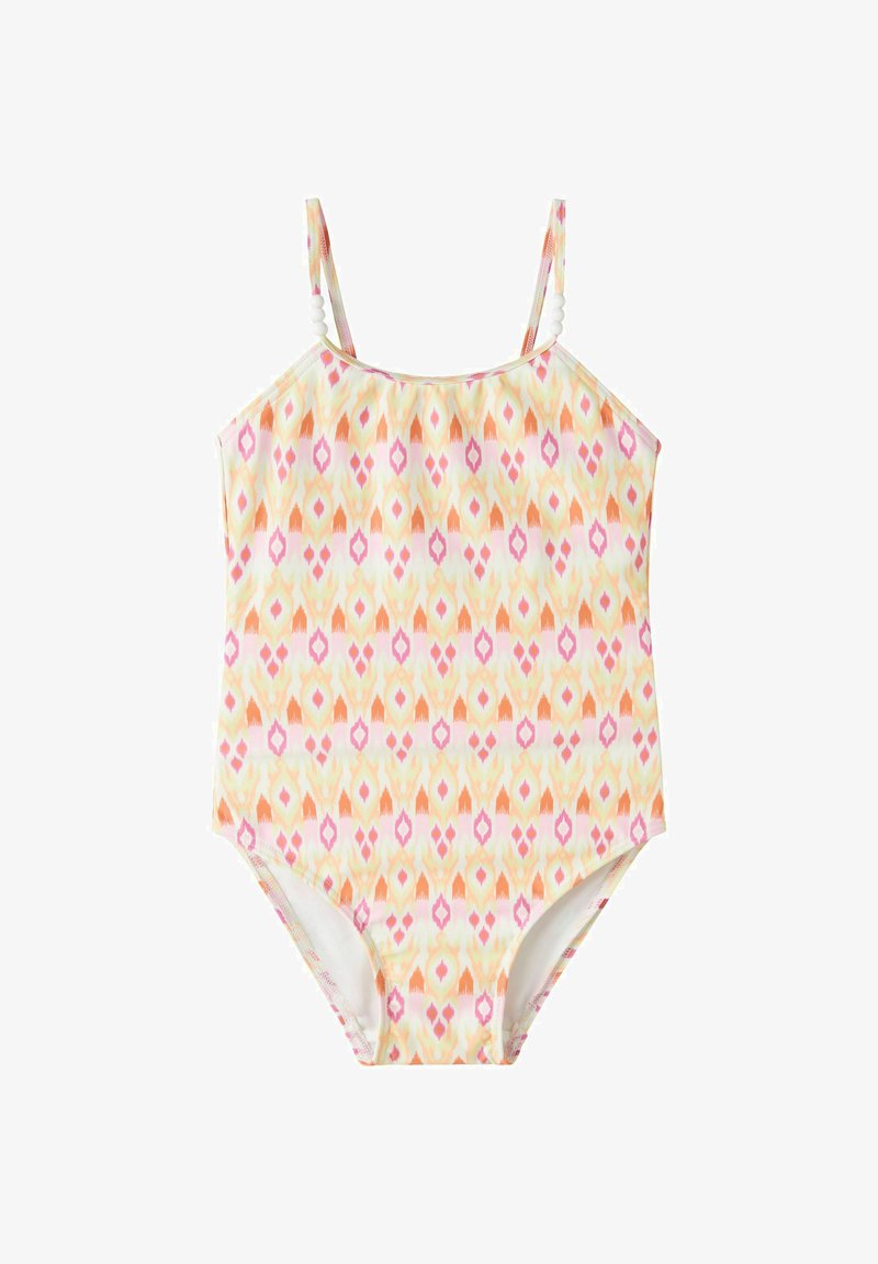 Maillot de bain une pièce pour filles avec fines bretelles et un motif géométrique rose, orange et jaune, agrémenté de perles blanches sur les bretelles.