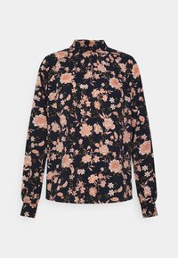 Camisa de mangas longas com padrão floral em azul-marinho, com flores rosas e brancas, apresentando um colarinho alto e punhos elásticos. Tecido macio.