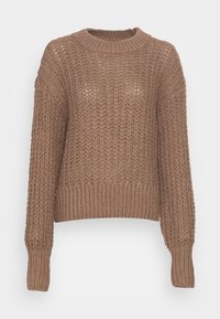 Gruby sweter w jasnobrązowym kolorze. Posiada okrągły dekolt, ściągacz u dołu oraz szerokie rękawy. Teksturowany wzór z otwartym splotem.