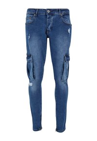 Jeans skinny fit en denim bleu moyen. Comprend des effets de déchirure, des poches cargo sur les côtés et des zips au niveau des chevilles. Design classique à cinq poches.