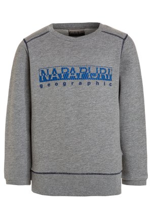 Grauer Pullover mit blauem Aufdruck "NAPAPIJRI geographic", ausgestattet mit Rundhals, langen Ärmeln sowie gerippten Bündchen und Saum.