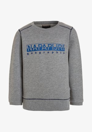 Grijze sweatshirt met blauw bedrukte logo "NAPAPIJRI geographic," voorzien van een ronde hals, lange mouwen en ribgebreide manchetten en zoom.