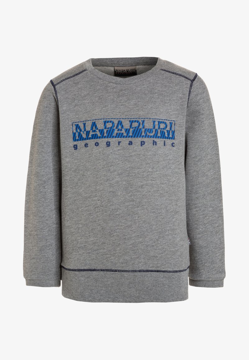 Sweat-shirt gris avec logo imprimé bleu "NAPAPIJRI geographic", présentant un col rond, des manches longues et des poignets et un ourlet côtelés.
