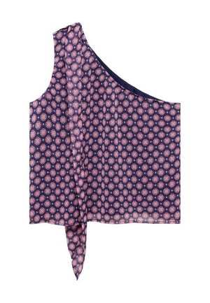 Asymmetrisches, dunkelblaues Oberteil mit floralem, pinkem Muster; einie Schulterdesign mit einer drapierten Bindung auf der Seite. Leichter Stoff.