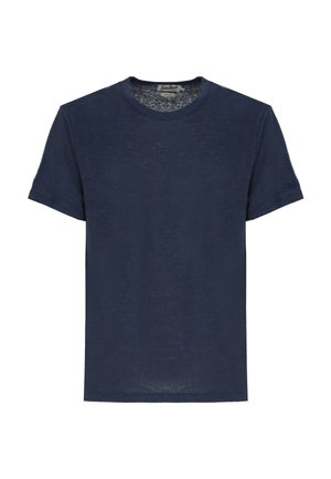 T-shirt blu navy a maniche corte con collo rotondo, design semplice e tinta unita e etichetta cucita visibile sul collo.