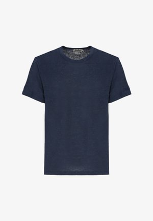 Marineblauw T-shirt met korte mouwen en ronde hals, een eenvoudig effen ontwerp en een zichtbare, gestikte halslabel.