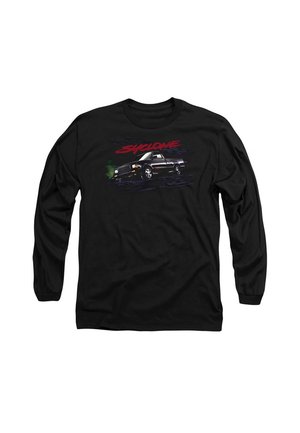 Black long-sleeve shirt featuring a graphic of a pickup truck labeled "Syclone" with vibrant color accents and dynamic motion lines.